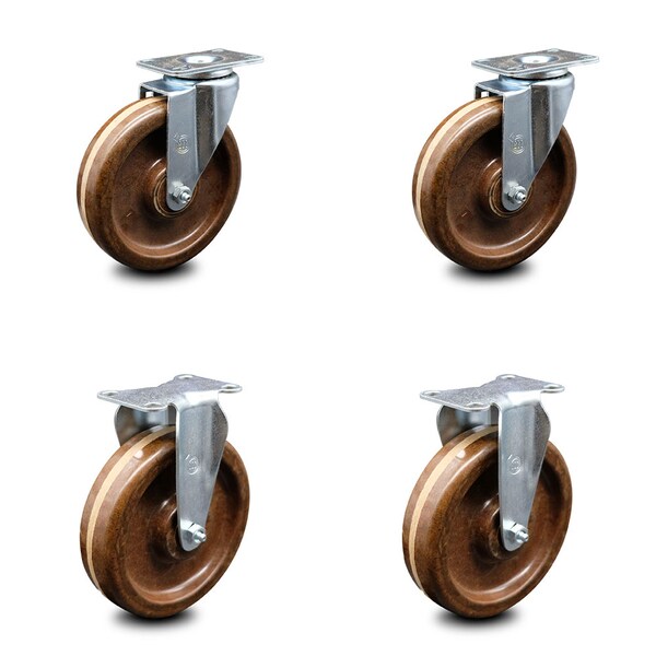 6 Inch High Temp Phenolic Wheel Swivel Top Plate Caster Set with 2 Rigid SCC